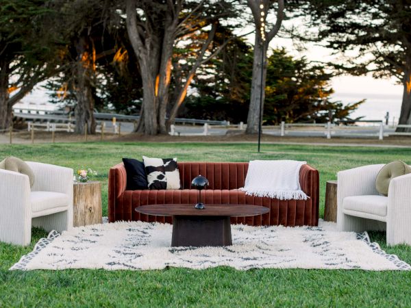 A stylish outdoor seating setup on a lawn: a brown sofa with pillows flanked by two white armchairs, a black coffee table, a rug, and a throw blanket under a shaded park with trees in the background.
