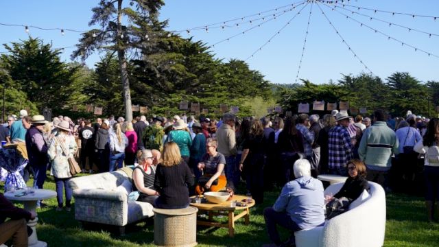 A lively outdoor gathering with people mingling on grass, string lights overhead, and modern seating around tables in a sunny park.