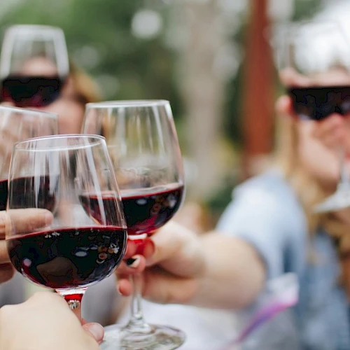 A group of people clinking glasses of red wine in a toast, cheers all around, outdoors.