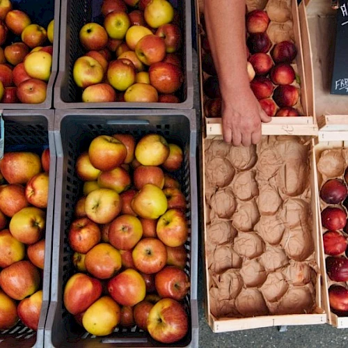A street market scene with crates of apples and pears on the left, and eggs and peaches in paper trays on the right.