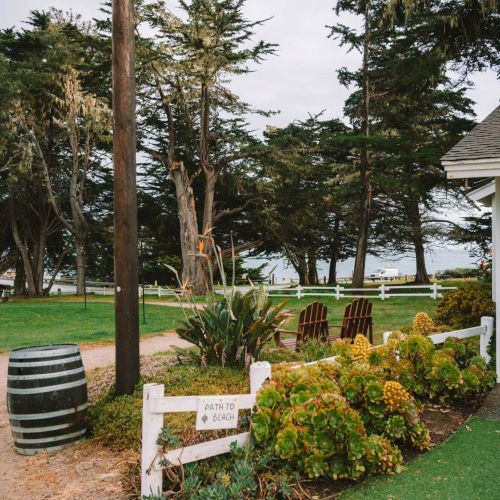 A scenic, grassy yard by the coast with trees, a white fence, plants, a wooden barrel, and a small building, sunny and inviting.