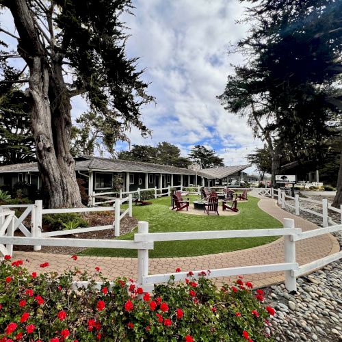 A sunny outdoor courtyard with a white fenced path, green lawn, picnic tables, tall trees, and a low, long building in the background, surrounded by flowers.