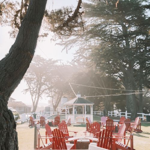 Sunlit backyard scene with red chairs around a fire pit, white fence, lush trees, and a small gazebo in the background, warm and peaceful.