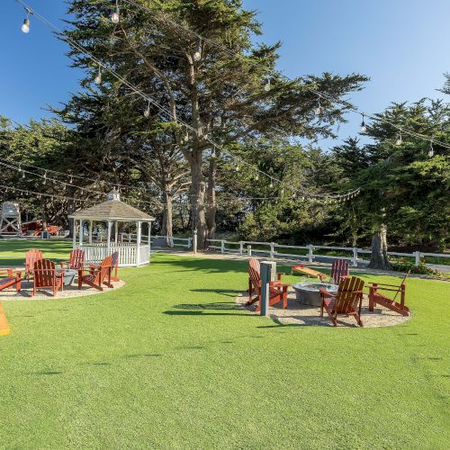 A sunny lawn with multiple wooden Adirondack chairs arranged around a small white gazebo, string lights overhead, and tall trees in the background.